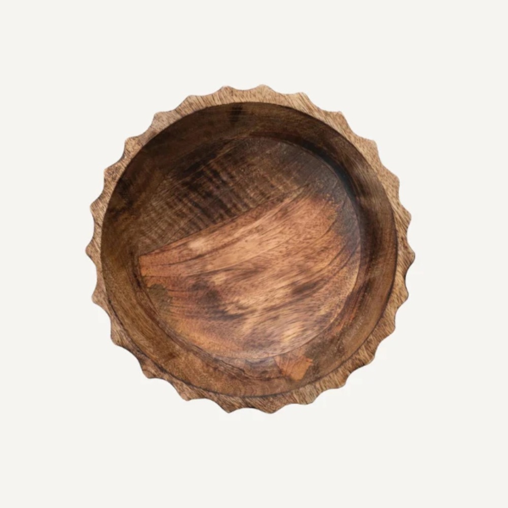 NWT Scalloped Edge Carved Wood Footed Bowl - Picture 2 of 4